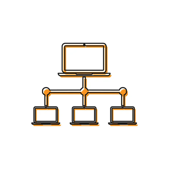 Pomarańczowa ikona sieci komputerowej na białym tle. Sieć laptopów. Połączenie z Internetem. Ilustracja wektorowa — Wektor stockowy