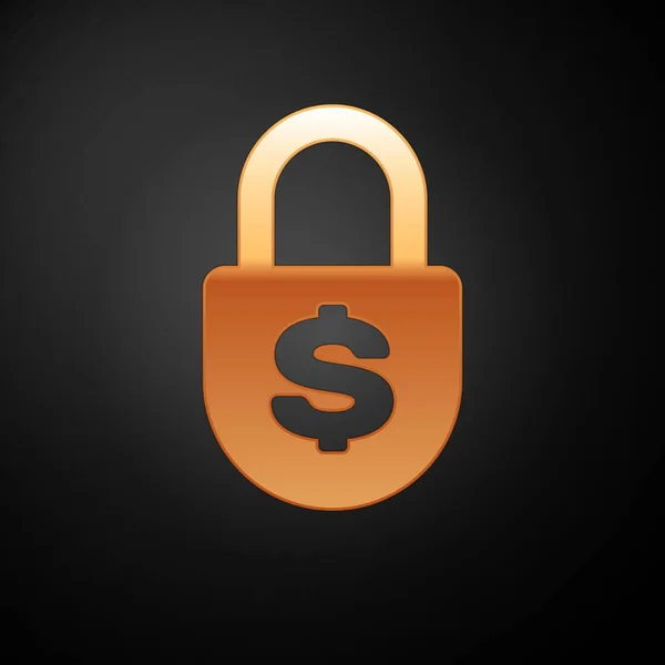 黄金钱锁图标孤立在黑色背景。挂锁和美元符号。财务、安全、安全、保护、隐私理念。矢量插图 — 图库矢量图片