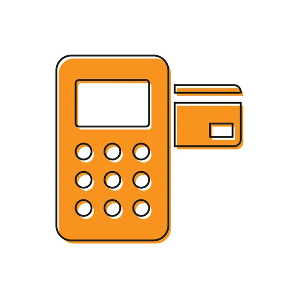 Orangefarbenes Pos-Terminal mit eingestecktem Kreditkartensymbol isoliert auf weißem Hintergrund. Zahlungsterminal Transaktion. Vektorillustration — Stockvektor