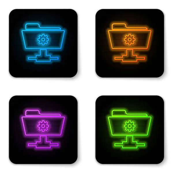 Glowing neon FTP settings folder icon on white background. Concept of software update, transfer protocol, router, teamwork tool management, copy process. Black square button. Vector Illustration — Stock Vector