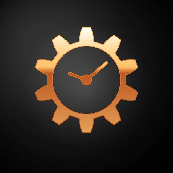 Gold Time Management icon isolated on black background. Clock and gear sign. Vector Illustration — Stock Vector