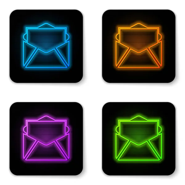 Lumineux néon Mail et e-mail icône isolée sur fond blanc. E-mail du symbole de l'enveloppe. Signe de message électronique. Bouton carré noir. Illustration vectorielle — Image vectorielle