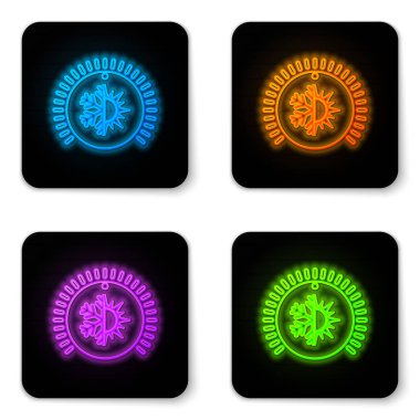 Beyaz arka planda izole parlayan neon Termostat simgesi. Sıcaklık kontrolü. Siyah kare düğme. Vektör İllüstrasyonu
