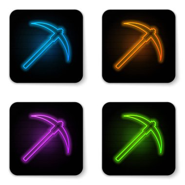 Beyaz arka planda yalıtılmış parlayan neon Kazma simgesi. Blockchain teknolojisi, kripto para madenciliği, bitcoin, dijital para piyasası, kripto para cüzdanı. Siyah kare düğme. Vektör İllüstrasyonu