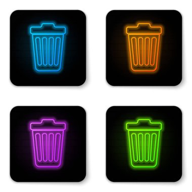 Parlayan neon Trash beyaz arka planda yalıtılmış simge olabilir. Çöp kutusu tabelası. Siyah kare düğme. Vektör İllüstrasyonu