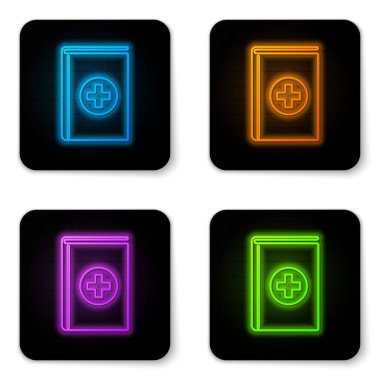 Beyaz arka plan üzerinde izole parlayan neon Tıp kitap simgesi. Siyah kare düğme. Vektör İllüstrasyonu