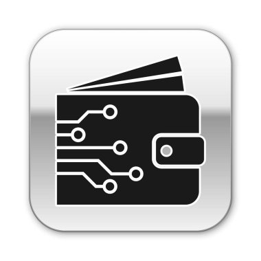 Beyaz arka planda yalıtılmış Siyah Cryptocurrency cüzdan simgesi. Cüzdan ve bitcoin işareti. Madencilik konsepti. Para, ödeme, nakit, ödeme simgesi. Gümüş kare düğme. Vektör İllüstrasyonu