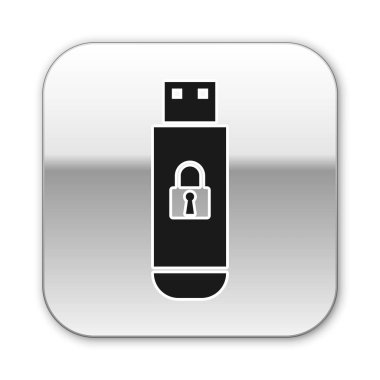Beyaz arka planda izole edilmiş kapalı asma kilit simgesine sahip siyah Usb flash sürücü. Güvenlik, güvenlik, koruma konsepti. Gümüş kare düğme. Vektör İllüstrasyonu