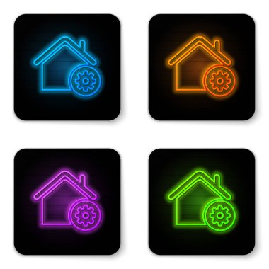 Beyaz arka planda yalıtılmış parlayan neon Smart ev ayarları simgesi. Uzaktan kumanda. Siyah kare düğme. Vektör İllüstrasyonu