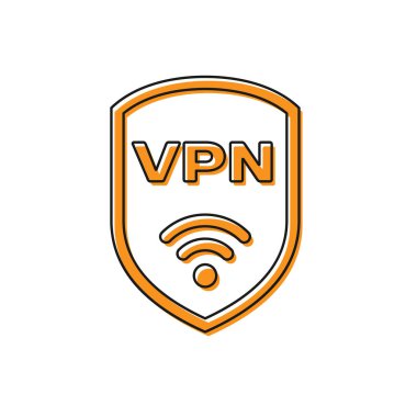 Turuncu Kalkan Vpn ve wifi kablosuz internet ağı simge simgesi beyaz arka plan üzerinde izole ile. Vpn güvenlik kavramını koruyun. Vektör İllüstrasyonu