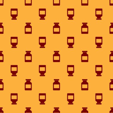 Kırmızı Tıp şişe simgesi kahverengi arka plan üzerinde dikişsiz desen izole. Şişe hapı işareti. Eczane tasarımı. Vektör İllüstrasyonu