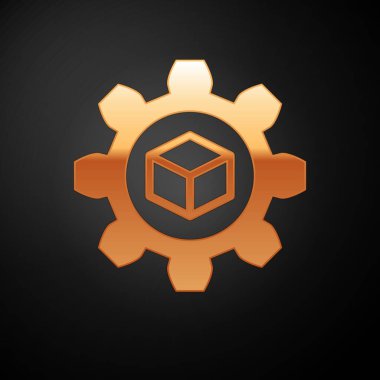 Altın Ürün geliştirme simgesi siyah arka plan üzerinde izole. Dişli ve küp. Başlangıç koleksiyonundan ürün geliştirme sembolü tasarımı. Vektör İllüstrasyonu