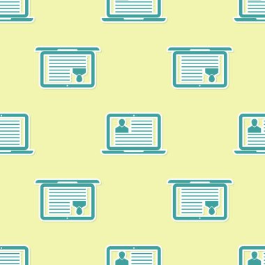 Özgeçmiş simgesi sarı arka plan üzerinde izole sorunsuz desen ile Yeşil Laptop. Cv başvurusu. Profesyonel personel aranıyor. Analiz personel devam. Düz tasarım. Vektör İllüstrasyonu