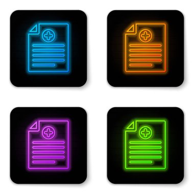 Beyaz arka plan üzerinde izole klinik kayıt simgesi ile Parlayan neon Tıbbi pano. Sağlık sigortası formu. Reçete, tıbbi kontrol izleri raporu. Siyah kare düğme. Vektör İllüstrasyonu