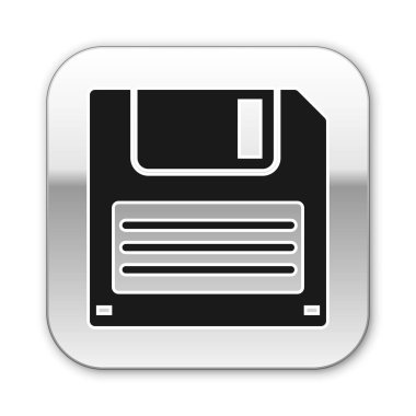 Beyaz arka planda yalıtılmış bilgisayar veri depolama simgesi için siyah Disket disk. Disket işareti. Gümüş kare düğme. Vektör İllüstrasyonu