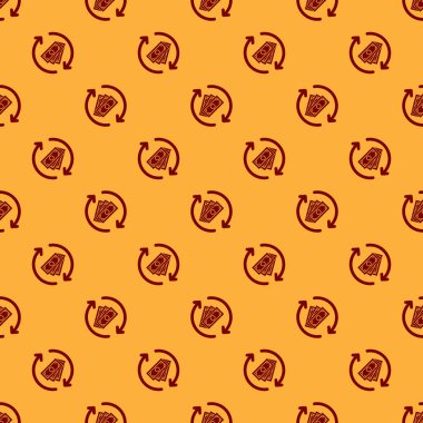 Kırmızı İade para simgesi kahverengi arka plan üzerinde sorunsuz desen izole. Finansal hizmetler, nakit iade kavramı, para iadesi, yatırım getirisi, tasarruf hesabı. Düz tasarım. Vektör İllüstrasyonu