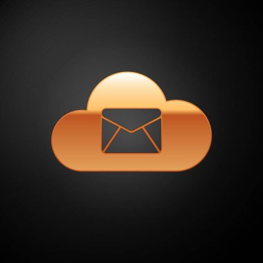 Gold Cloud posta sunucusu simgesi siyah arka planda yalıtılmış. E-posta için bulut sunucusu barındırma. Çevrimiçi mesaj hizmeti. Posta kutusu işareti. Vektör İllüstrasyonu