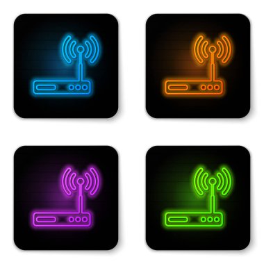 Beyaz arka planda yalıtılmış parlayan neon Yönlendirici ve wi-fi sinyal sembolü simgesi. Kablosuz ethernet modem yönlendirici. Bilgisayar teknolojisi internet. Siyah kare düğme. Vektör İllüstrasyonu