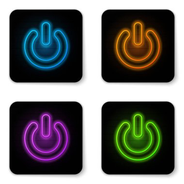 Beyaz arka planda yalıtılmış parlayan neon Güç düğmesi simgesi. İşareti başlat. Düz tasarım. Siyah kare düğme. Vektör İllüstrasyonu