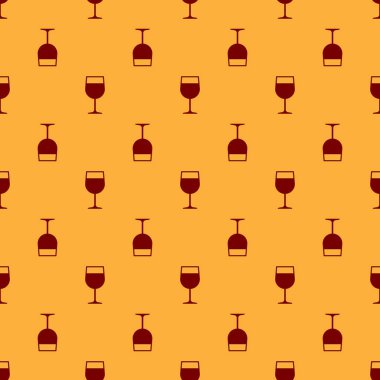 Kırmızı Şarap cam simgesi kahverengi arka plan üzerinde dikişsiz desen izole. Şarap kadehi simgesi. Kadeh sembolü. Cam eşya işareti. Vektör İllüstrasyonu
