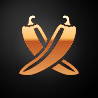 Altın Çapraz acı biber pod simgesi siyah arka plan üzerinde izole. Bakkal, mutfak ürünleri, baharat ve baharat paketi için tasarım. Vektör İllüstrasyonu