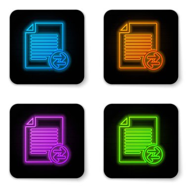 Beyaz arka planda yalıtılmış parlayan neon Transfer dosyaları simgesi. Dosyaları kopyalayın, veri alışverişi, yedekleme, Bilgisayar geçişi, dosya paylaşımı kavramları. Siyah kare düğme. Vektör İllüstrasyonu