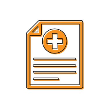 Turuncu Tıp panosu beyaz arka plan üzerinde klinik kayıt simgesi ile. Sağlık sigortası formu. Belge: reçete, tıbbi kontrol işaretleri raporu. Vektör İllüstrasyonu