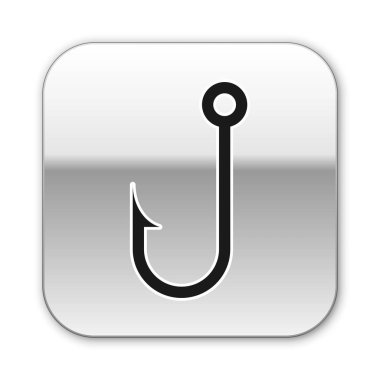 Siyah Olta kancası simgesi beyaz arka planda izole edilmiştir. Gümüş kare düğme. Vektör İllüstrasyonu