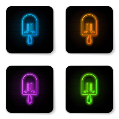 Beyaz arka planda izole parlayan neon Dondurma simgesi. Tatlı bir sembol. Siyah kare düğme. Vektör İllüstrasyonu