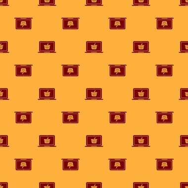 Ekran dizüstü bilgisayar simgesi kırmızı Alışveriş sepeti kahverengi arka plan üzerinde sorunsuz desen izole. Konsept e-ticaret, e-iş, online iş pazarlama. Vektör İllüstrasyonu