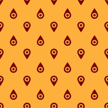 Kırmızı Harita işaretçisi yıldız simgesi kahverengi arka plan üzerinde izole dikişsiz desen ile. Yıldız favori pin harita simgesi. Harita işaretleri. Düz tasarım. Vektör İllüstrasyonu