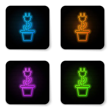 Beyaz arka planda izole pot simgesi parlayan neon Elektrik tasarruf fişi. Enerji elektrik simgesi kaydedin. Çevre koruma simgesi. Biyo enerji. Siyah kare düğme. Vektör İllüstrasyonu