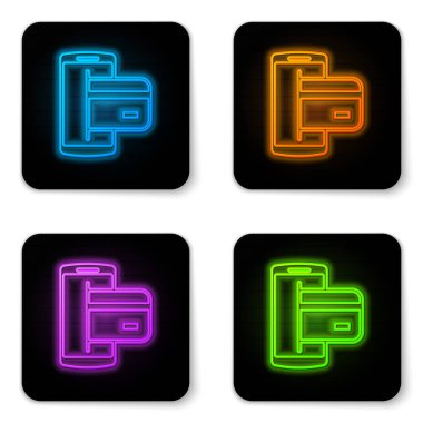 Beyaz arka planda yalıtılmış parlayan neon Nfc Ödeme simgesi. Mobil ödeme. Nfc akıllı telefon konsepti. Transfer simgesi. Siyah kare düğme. Vektör İllüstrasyonu