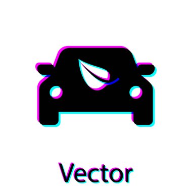 Beyaz arka plan üzerinde izole yaprak simgesi ile Siyah Eko araba konsept sürücü. Yeşil enerji araba sembolü. Vektör İllüstrasyonu
