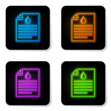 Beyaz arka plan üzerinde izole kan testi sonuçları simgesi ile Parlayan neon Tıbbi pano. Klinik kayıt, reçete, tıbbi kontrol izleri raporu. Siyah kare düğme. Vektör İllüstrasyonu