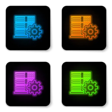 Beyaz arka planda yalıtılmış parlayan neon Server ayar simgesi. Siyah kare düğme. Vektör İllüstrasyonu