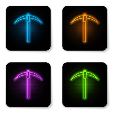 Beyaz arka planda yalıtılmış parlayan neon Kazma simgesi. Blockchain teknolojisi, kripto para madenciliği, bitcoin, dijital para piyasası, kripto para cüzdanı. Siyah kare düğme. Vektör İllüstrasyonu