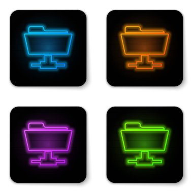 Beyaz arka planda parlayan neon Ftp klasör simgesi. Yazılım güncellemesi kavramı, ftp transfer protokolü, yönlendirici, takım çalışması araç yönetimi, kopyalama süreci, bilgi. Siyah kare düğme. Vektör İllüstrasyonu