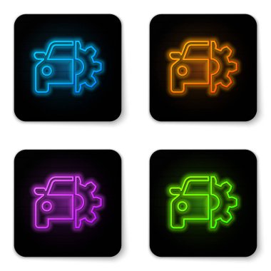 Beyaz arka planda yalıtılmış parlayan neon Araç servis simgesi. Oto tamirciservisi. Mekanik servis. Onarım servisi oto tamircisi. Bakım işareti. Siyah kare düğme. Vektör İllüstrasyonu