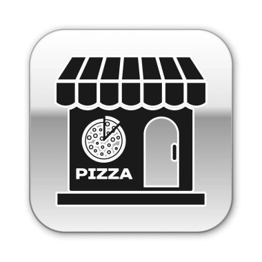 Siyah Pizzeria bina cephe simgesi beyaz arka plan üzerinde izole. Fast food pizzacı büfesi. Gümüş kare düğme. Vektör İllüstrasyonu