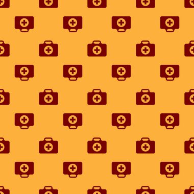 Kırmızı İlk yardım kiti simgesi kahverengi arka plan üzerinde sorunsuz desen izole. Haçlı tıbbi kutu. Acil durum için tıbbi ekipman. Sağlık konsepti. Düz tasarım. Vektör İllüstrasyonu