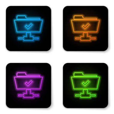 Beyaz arka plan üzerinde parlayan neon Ftp işlemi başarılı simgesi. Yazılım güncellemesi kavramı, transfer protokolü, takım çalışması araç yönetimi, kopyalama süreci. Siyah kare düğme. Vektör İllüstrasyonu
