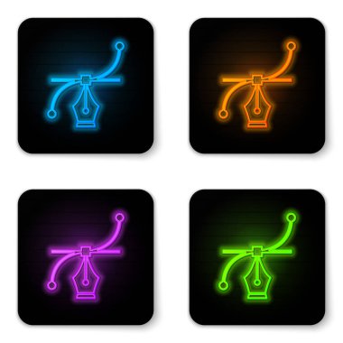 Beyaz arka planda yalıtılmış parlayan neon Bezier eğrisi simgesi. Kalem araç simgesi. Siyah kare düğme. Vektör İllüstrasyonu