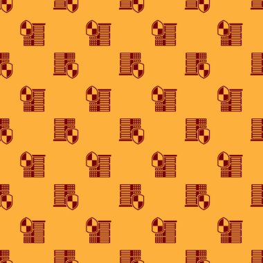 Kırmızı Sunucu kalkan simgesi kahverengi arka plan üzerinde sorunsuz desen izole. Saldırılara karşı koruma. Ağ güvenlik duvarı, yönlendirici, anahtar veya sunucu, veri, merkez. Düz tasarım. Vektör İllüstrasyonu