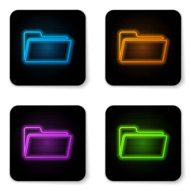 Beyaz arka planda yalıtılmış parlayan neon Klasör simgesi. Siyah kare düğme. Vektör İllüstrasyonu