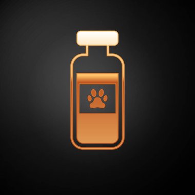 Altın Pets şişe tıbbi simge siyah arka plan üzerinde izole. Hayvanlar için reçeteli ilaç. Vektör İllüstrasyonu