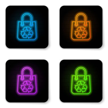 Beyaz arka plan üzerinde izole geri dönüşüm simgesi ile Parlayan neon Kağıt alışveriş çantası. Geri dönüşüm sembolü ile çanta. Siyah kare düğme. Vektör İllüstrasyonu