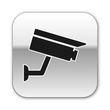 Siyah Güvenlik kamera simgesi beyaz arka planda yalıtılmış. Gümüş kare düğme. Vektör İllüstrasyonu