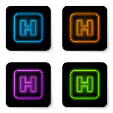 Beyaz arka planda izole parlayan neon Hastanesi işareti simgesi. Siyah kare düğme. Vektör İllüstrasyonu