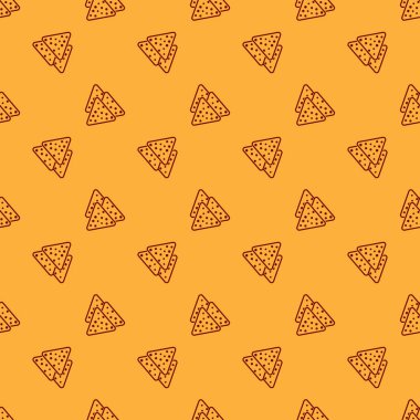 Kırmızı Nachos simgesi kahverengi arka plan üzerinde izole dikişsiz desen. Tortilla cipsi veya nachos tortilla. Geleneksel Meksika fast food'u. Vektör İllüstrasyonu